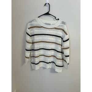 NWT Baltic Born XL Open Knit Sweater Ivory black And Camel Stripes 3/4 Sleeve